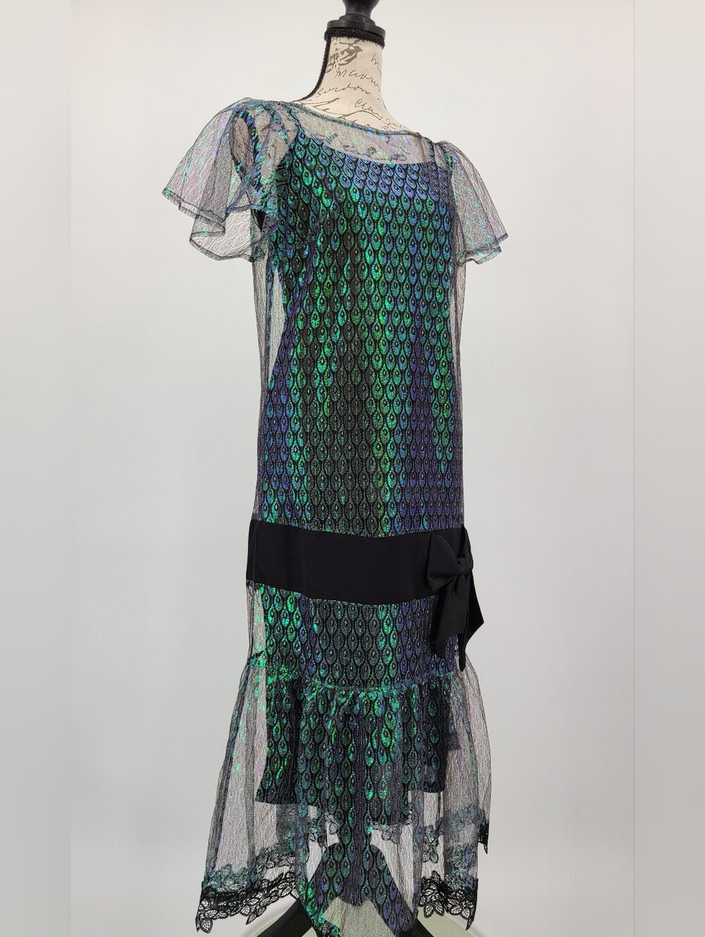 Unique Vintage 1920's Flapper Dress With Iridescent Mesh Overlay Size Small